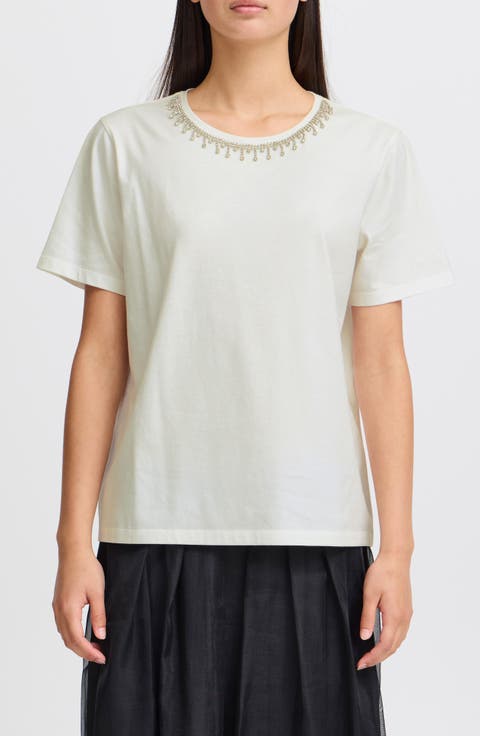 Jeweled Neckline Cotton T-Shirt