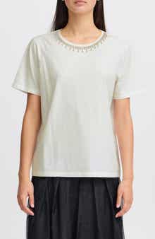 ICHI Jeweled Neckline Cotton T-Shirt