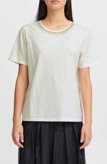 ICHI Jeweled Neckline Cotton T-Shirt