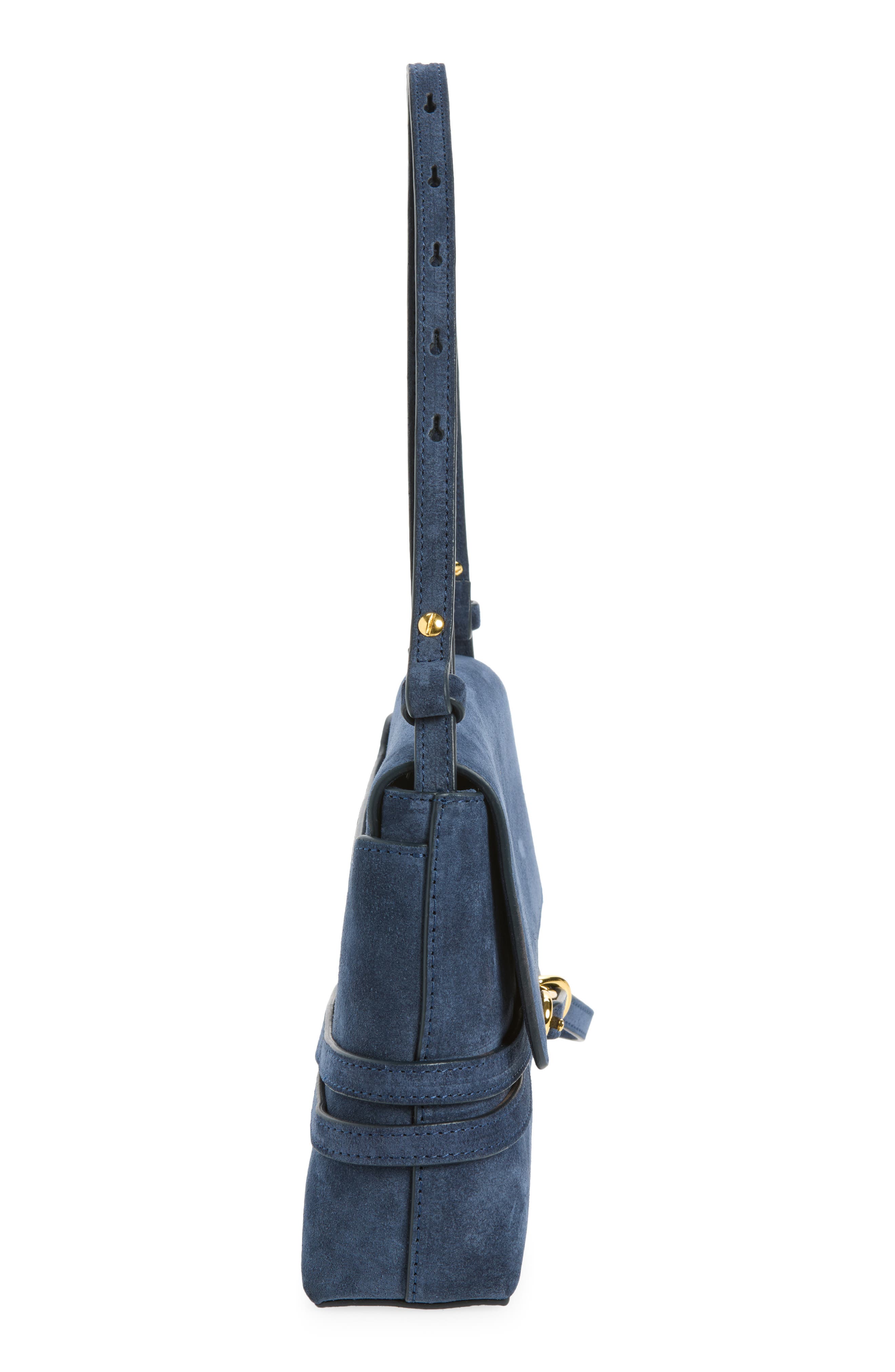Belted Suede Shoulder Bag, Alternate, color, NAVY
