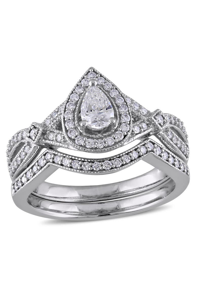 Diamond Pear Halo Vintage Bridal Ring Set 14k, Main, color, 14k White Gold