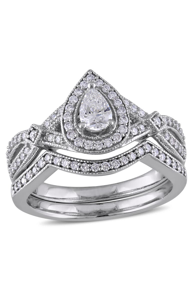 Julianna B. Diamond Pear Halo Vintage Bridal Ring Set 14k, Main, color, 14K White Gold