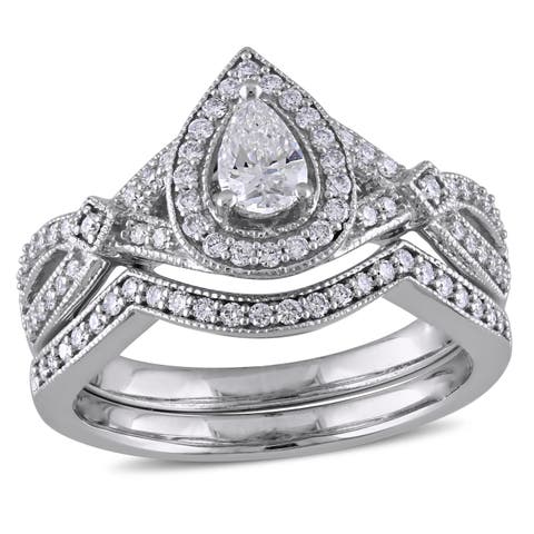 Diamond Pear Halo Vintage Bridal Ring Set 14k