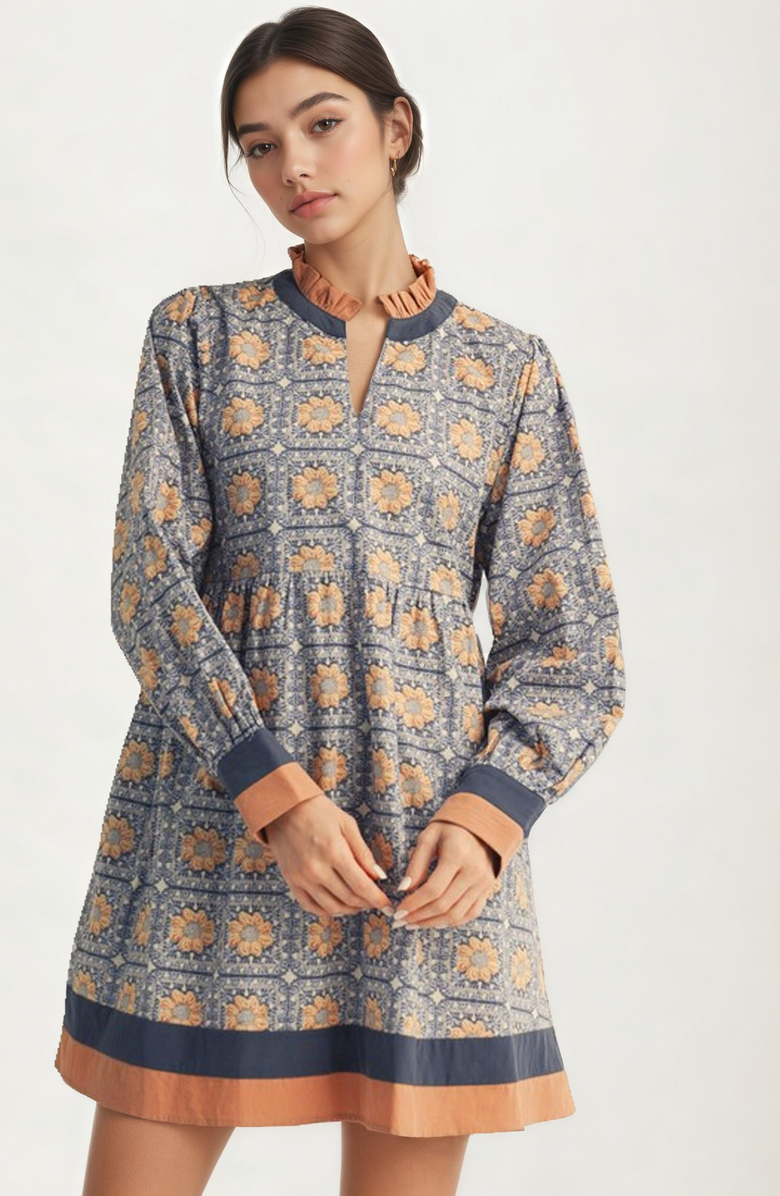 Knit and Lounge Geo Floral Print Long Sleeve Mini Dress with Contrast Trim, Alternate, color, 