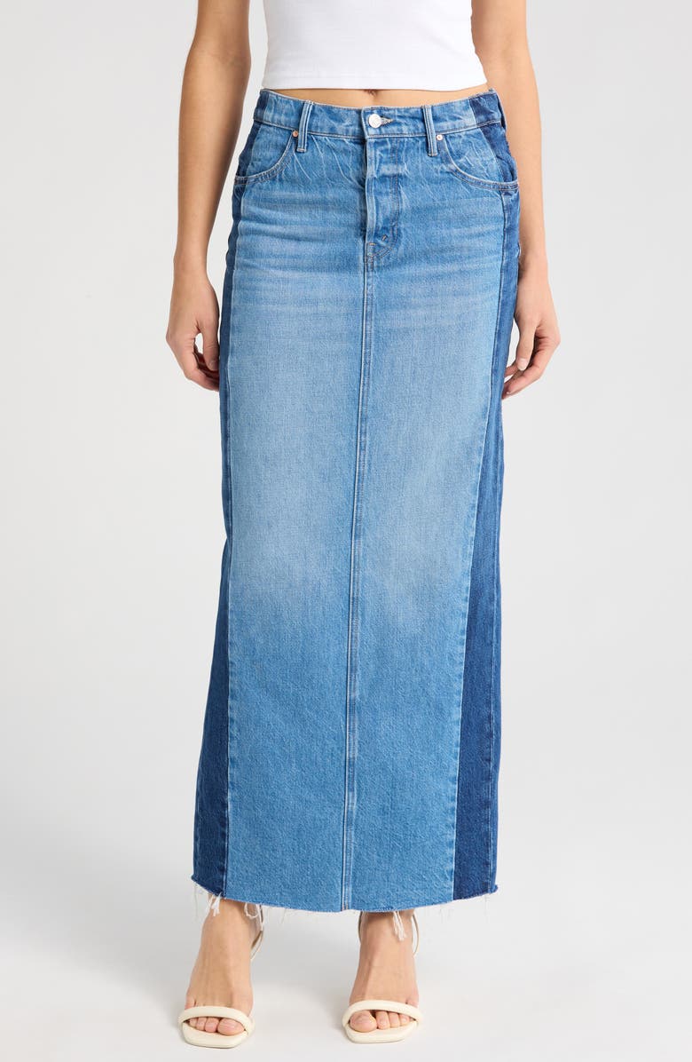 MOTHER The Flagpole Raw Hem Denim Maxi Skirt, Main, color, Double Stacked