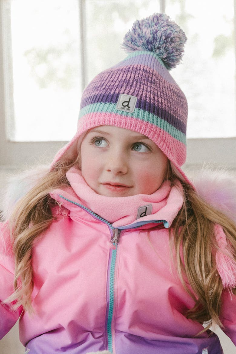 Winter Peruvian Jacquard Fleece-Lined Pompom Knit Hat, Alternate, color, Mauve and Blue Jacquard