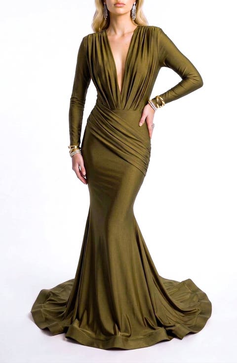 Long Sleeve Plunge V-Neck Ruched Mermaid Gown