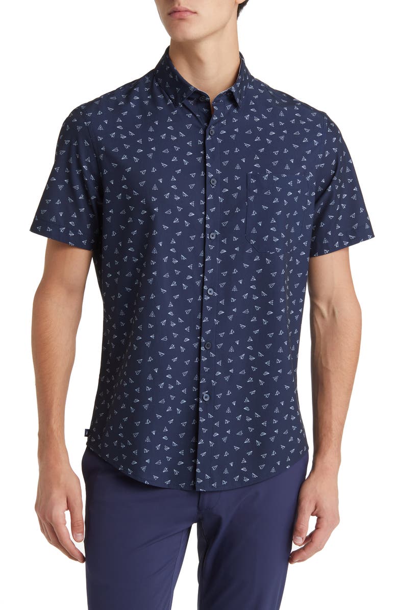 Mizzen+Main Leeward Trim Fit Navy Paper Airplane Short Sleeve Button-Up Performance Shirt, Main, color, 