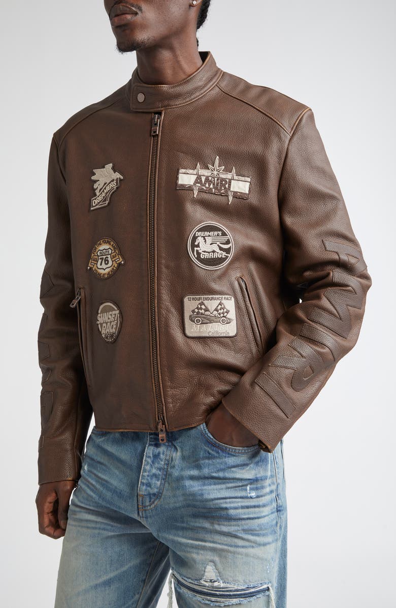 AMIRI Patch Racer Leather Jacket, Alternate, color, Walnut Brown