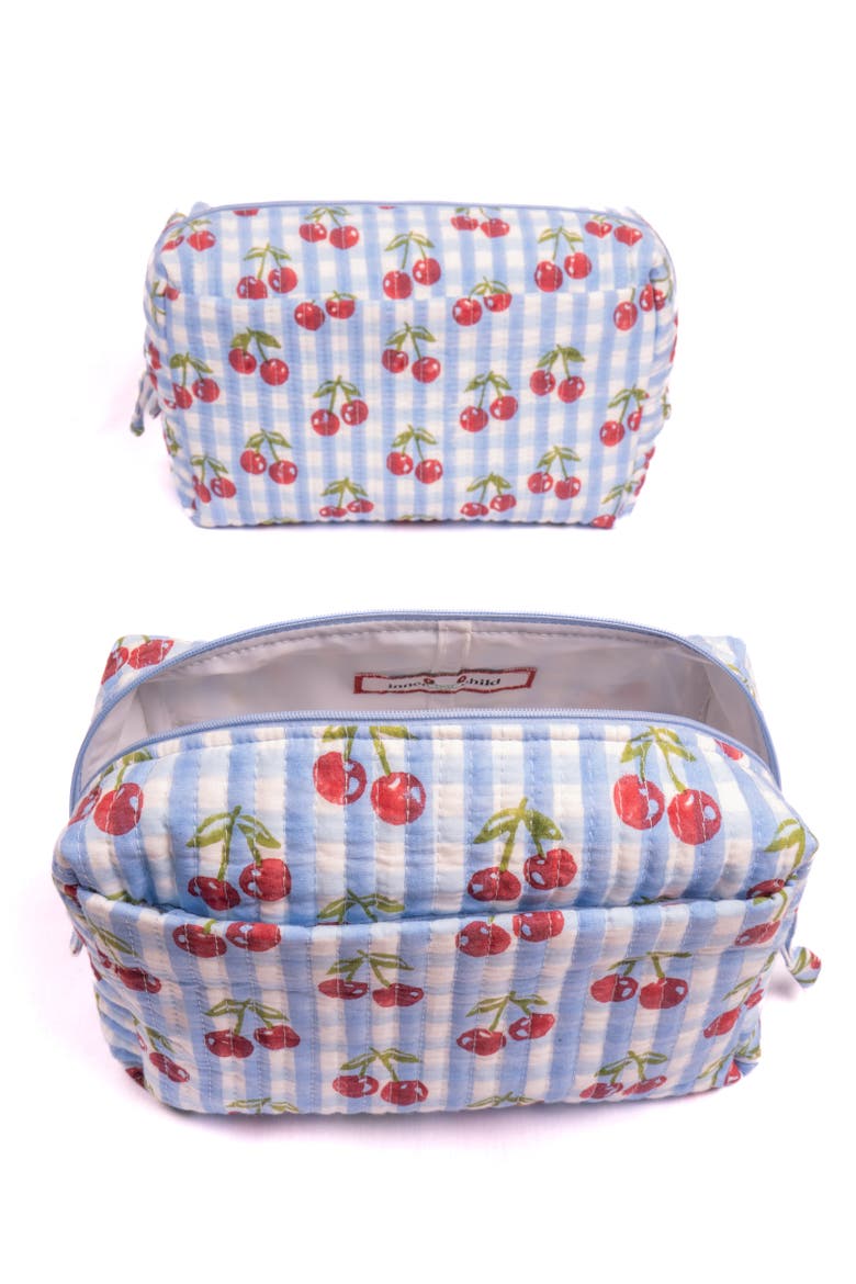 Cherry Makeup Bag in Blockprint, Alternate, color, Blue Gingham - Large