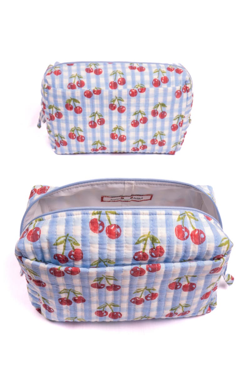 Inner Child Cherry Makeup Bag in Gingham Blockprint - Set of 2, Alternate, color, Blue