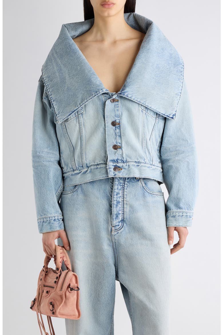 Standing Collar Boxy Denim Jacket, Main, color, 4020 BLEACH LIGHT BLUE