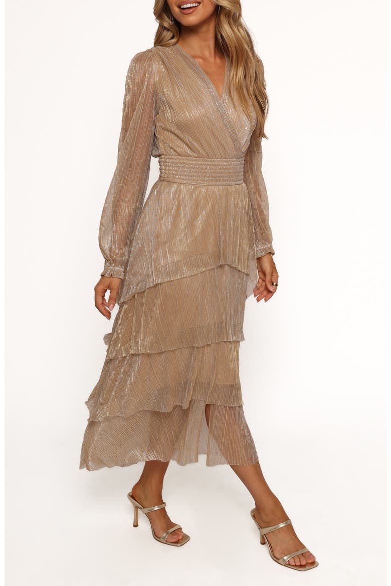 Cybil Metallic Long Sleeve Tiered Midi Dress, Alternate, color, CHAMPAGNE GOLD