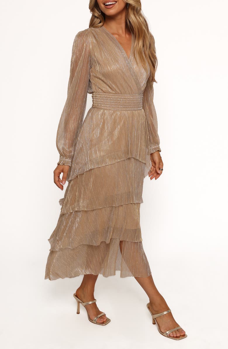 Petal & Pup Cybil Metallic Long Sleeve Tiered Midi Dress, Alternate, color,