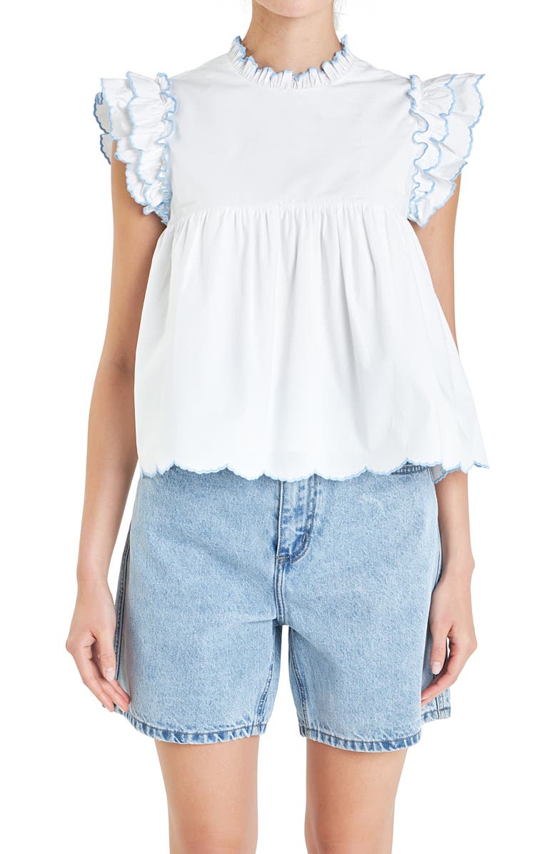 English Factory Scallop Ruffle Cotton Top, Alternate, color, White