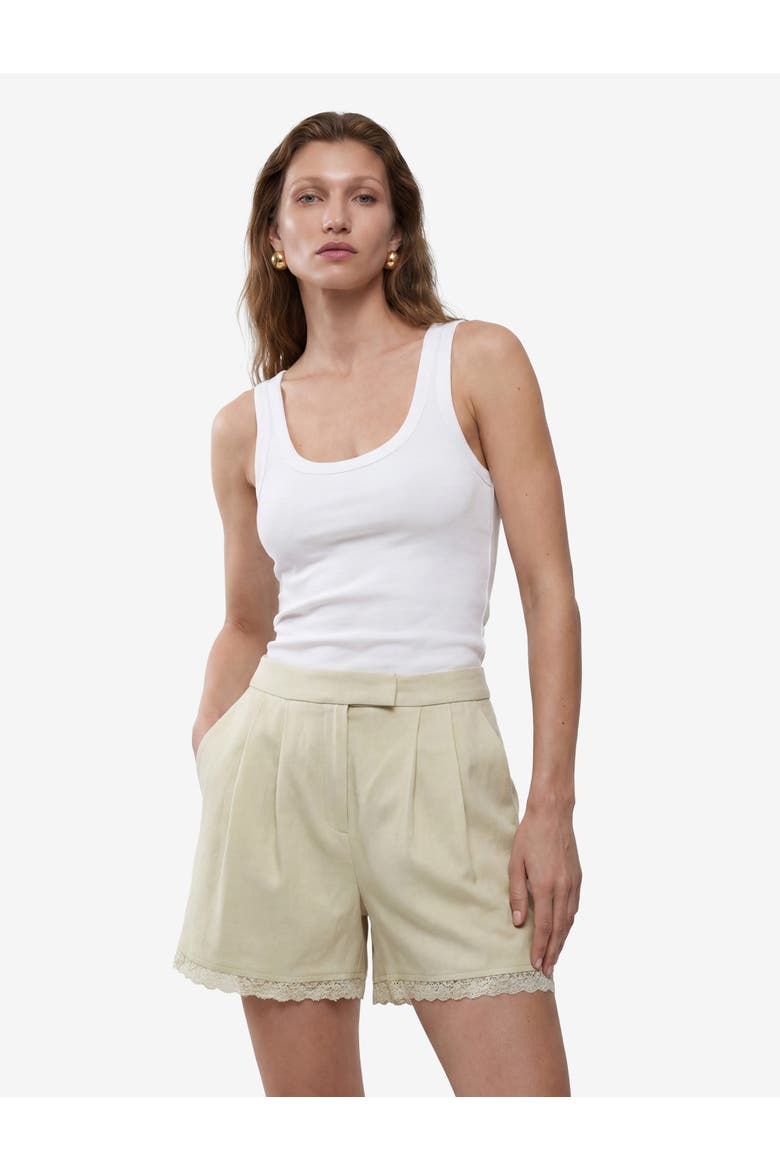 Linen Blend Mid Rise Pocket Detail Shorts with Lace Trim, Main, color, GREEN