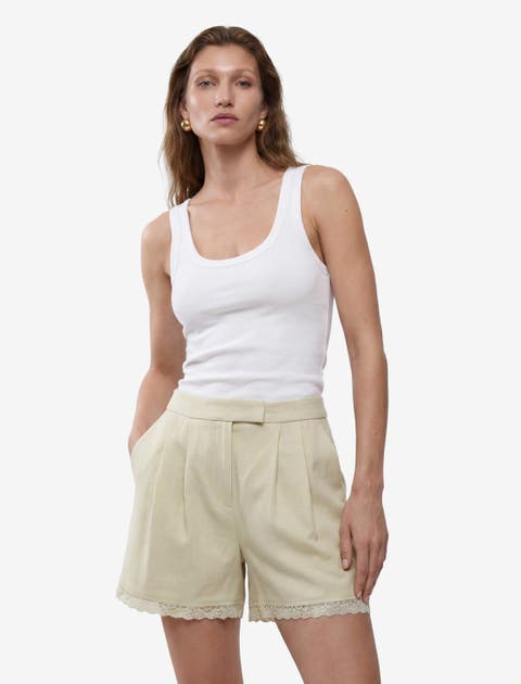 Linen Blend Mid Rise Pocket Detail Shorts with Lace Trim