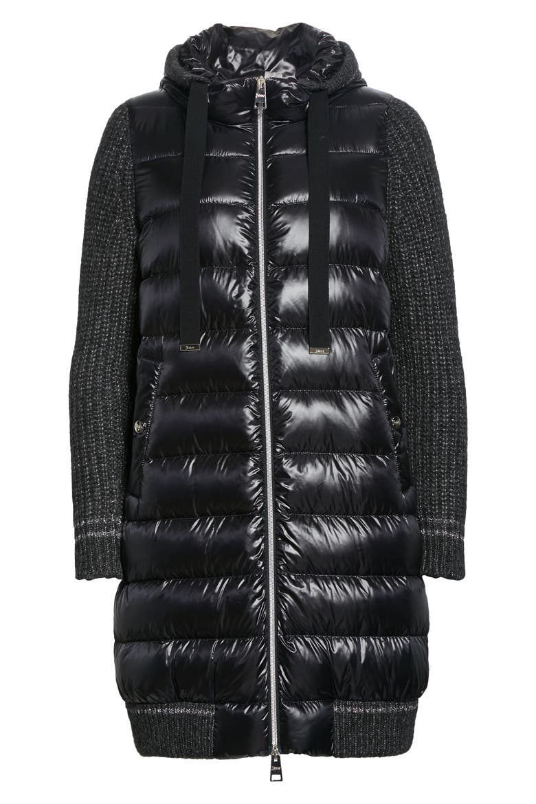 Sweater Sleeve Hooded Down Puffer Coat, Alternate, color, BLACK