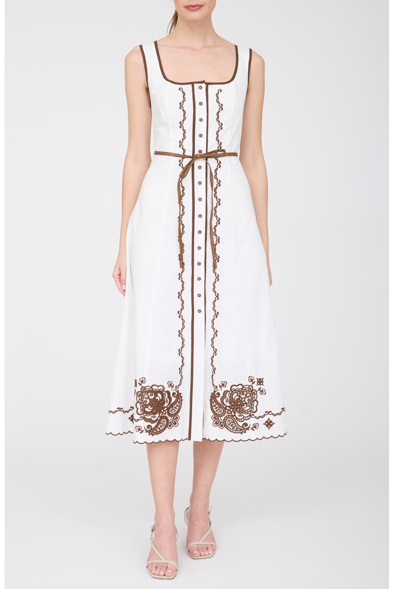 Floral Embroidered Belted Cotton Midi Dress, Main, color, OFF WHITE