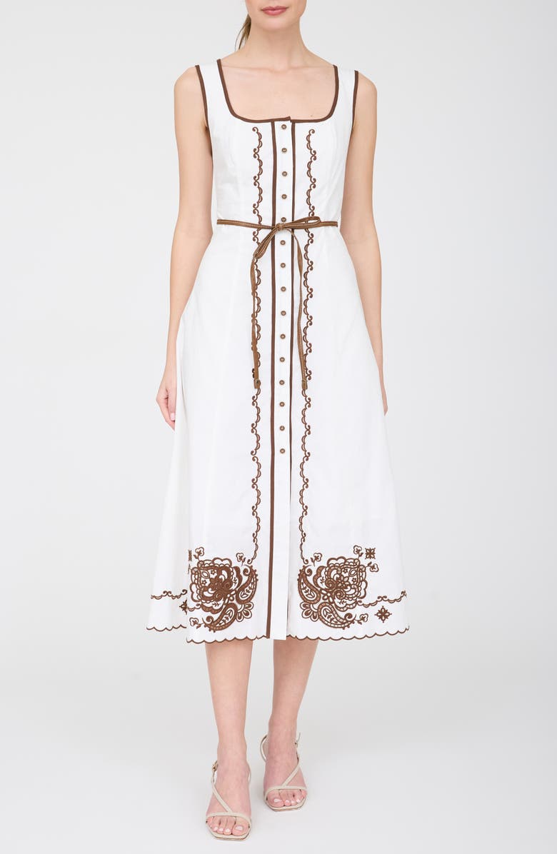 ZOE AND CLAIRE Floral Embroidered Belted Cotton Midi Dress, Main, color,
