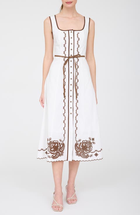 Floral Embroidered Belted Cotton Midi Dress