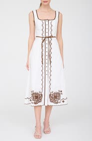 ZOE AND CLAIRE Floral Embroidered Belted Cotton Midi Dress