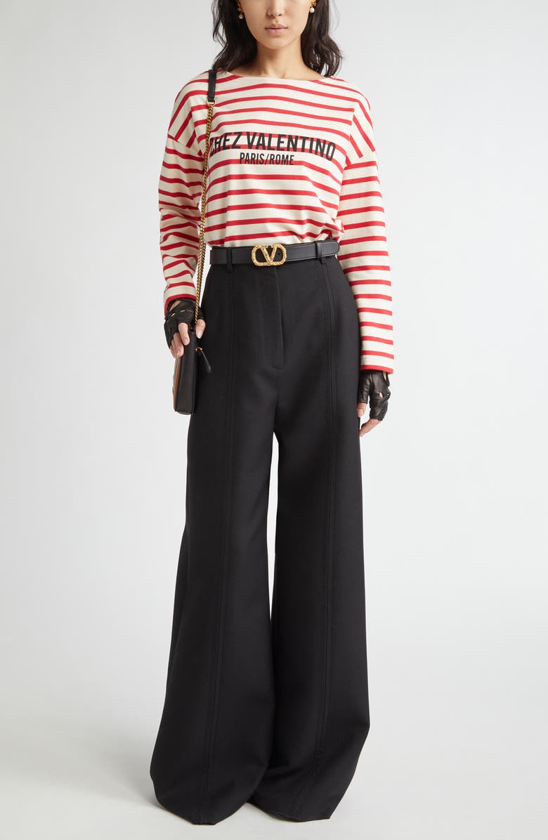 Valentino Garavani Stripe Logo Long Sleeve Cotton T-Shirt, Alternate, color, Avorio/Rosso