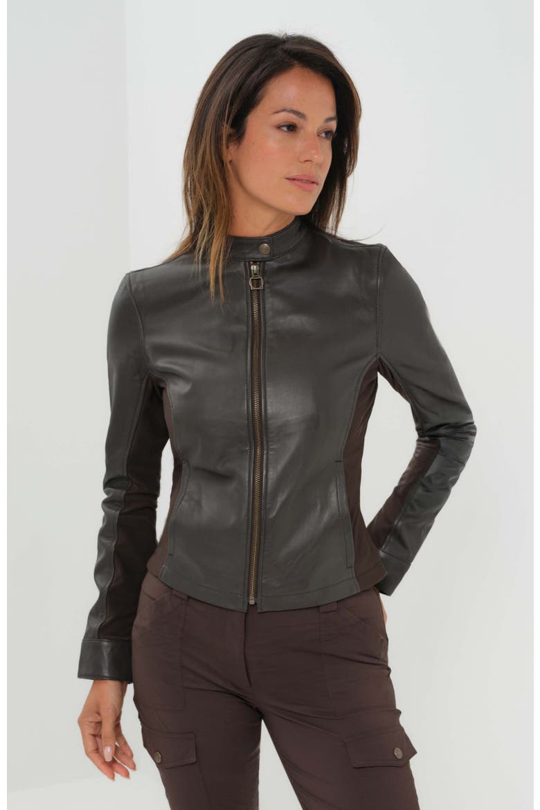 Kensington Mixed Media Moto Leather Jacket, Main, color, Espresso