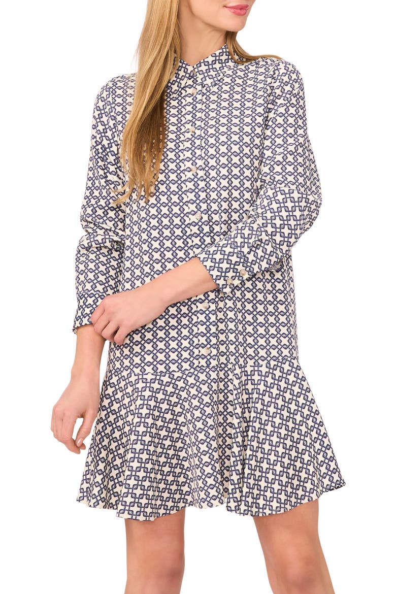 Geo Print Long Sleeve Mini Shirtdress, Alternate, color, VANILLA ICE