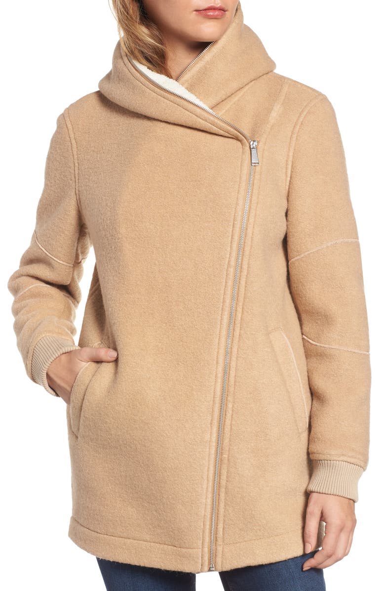 BCBGeneration Asymmetrical Hooded Wool Blend Coat, Alternate, color,