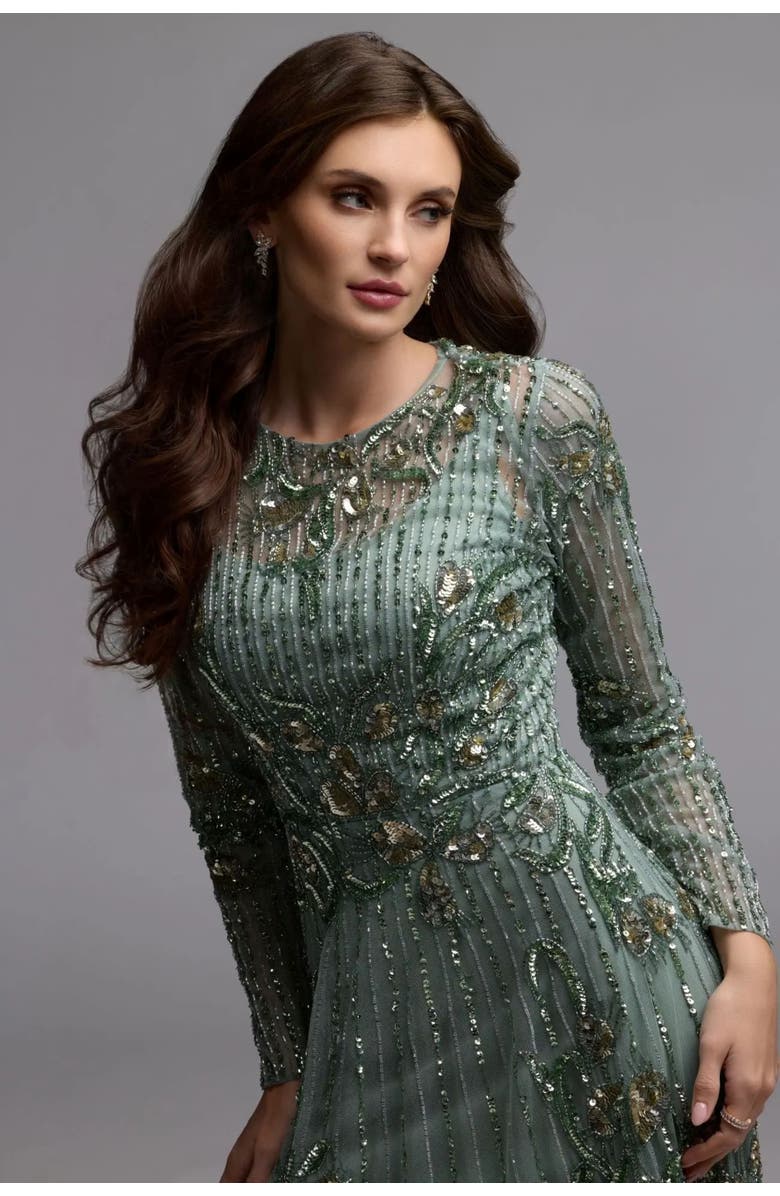 Mac Duggal Embellished Tulle Long Sleeve A Line Gown, Alternate, color, Sage