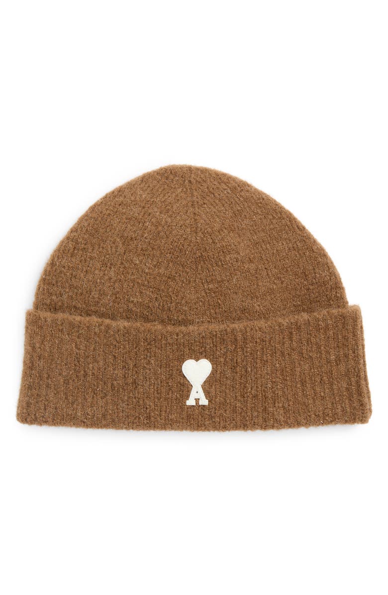 AMI PARIS Ami de Coeur Appliqué Mohair Blend Cuffed Beanie, Main, color, Hazelnut/ Ecru