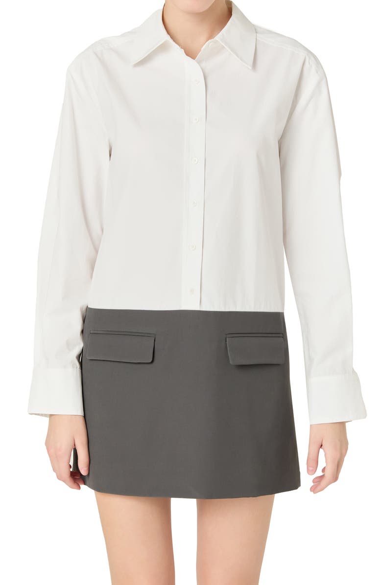 Endless Rose Colorblock Long Sleeve Shirtdress, Alternate, color, White / Charcoal