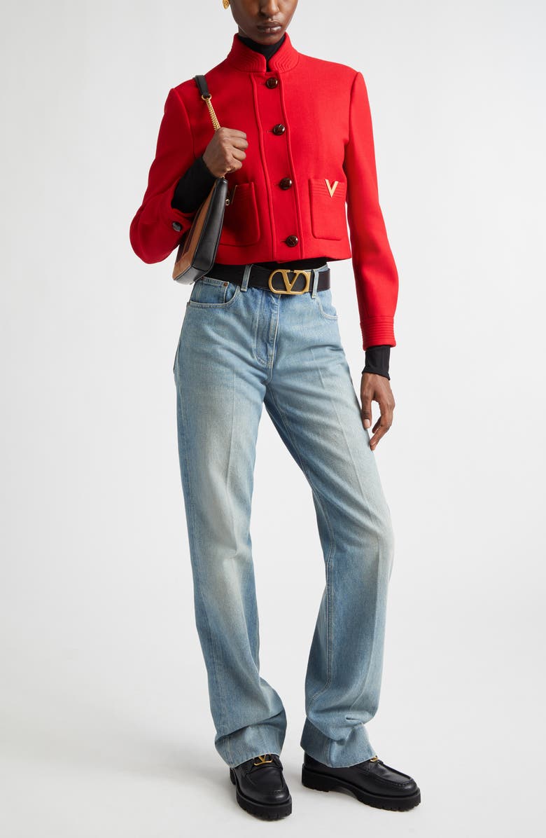 Valentino V-Detail Wool & Silk Double Drill Jacket, Alternate, color, Deep Red