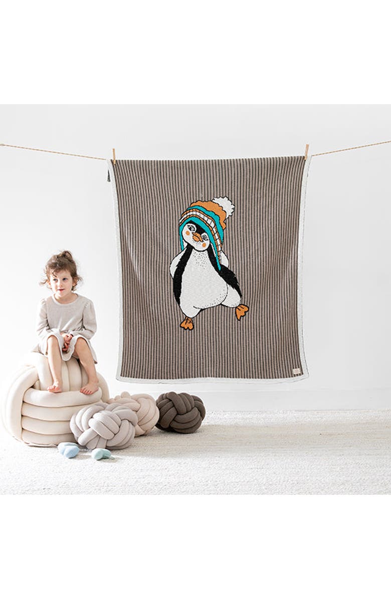 Pink Lemonade Dancing Penguin Baby Blanket, Main, color, Taupe
