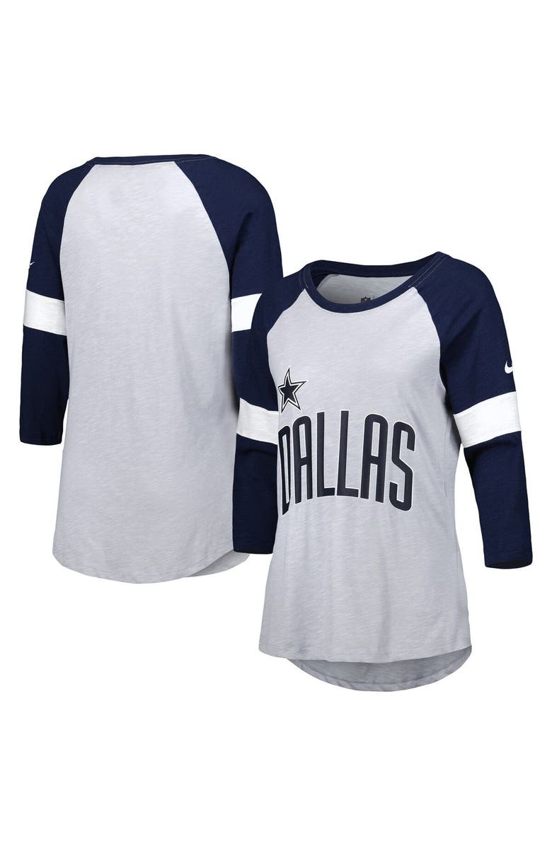 Nike Women's Nike Dallas Cowboys Heather Gray/Navy Football Pride Raglan 3/4-Sleeve T-Shirt, Main, color, Heather Gray