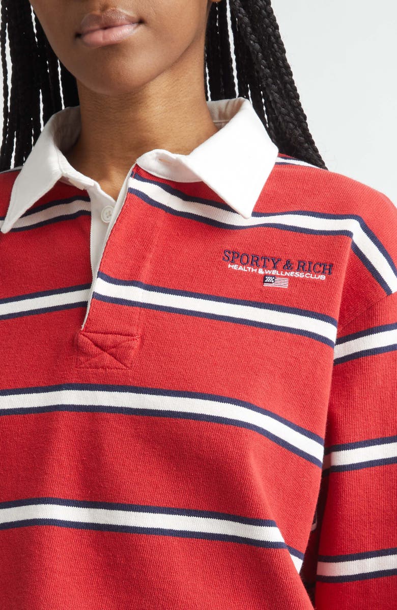 Sporty & Rich Nautical Embroidered Stripe Crop Rugby Polo, Alternate, color, Ruby/ Dark Navy/ White