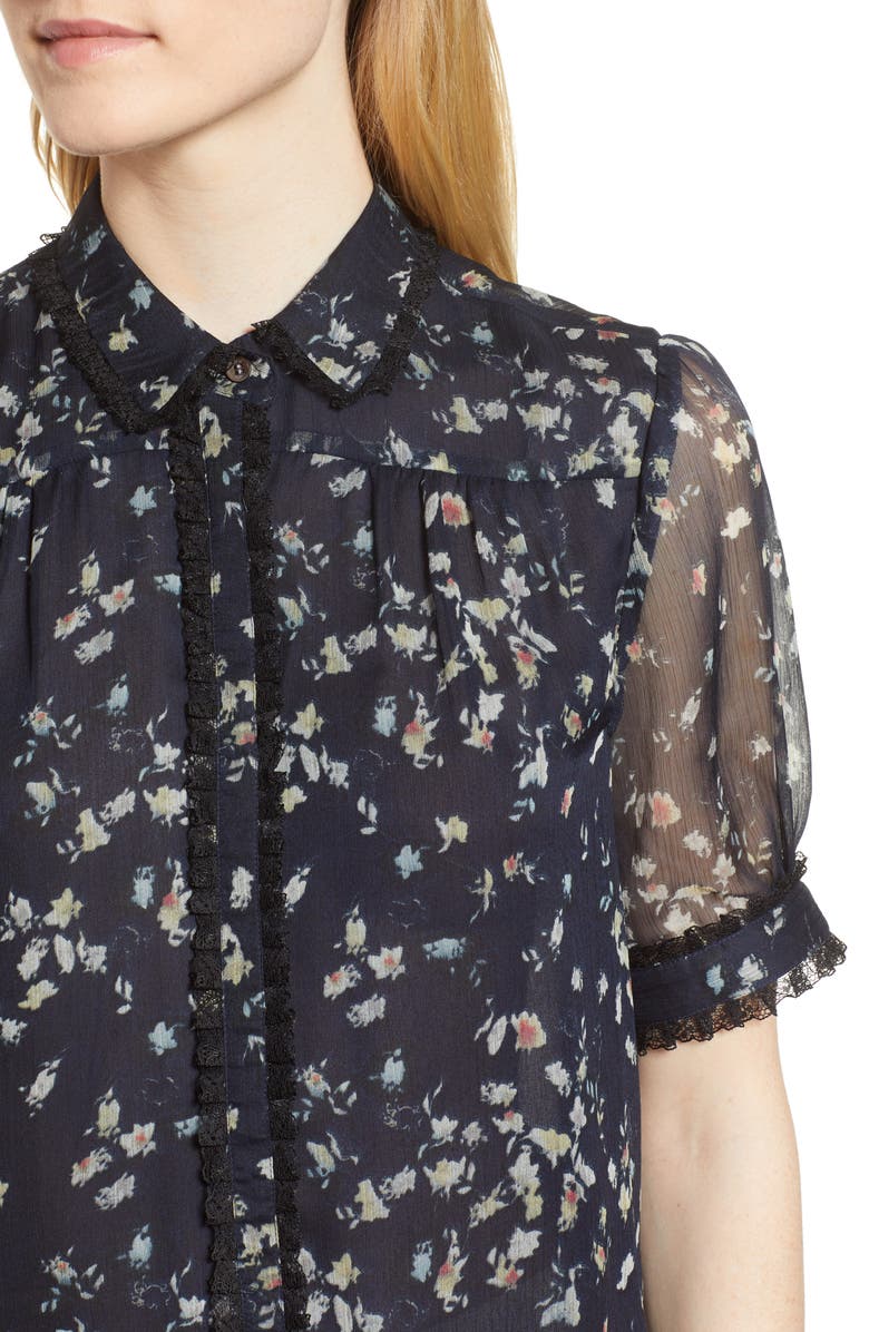 CeCe Floral Print Ruffle Trim Shirt, Alternate, color, 