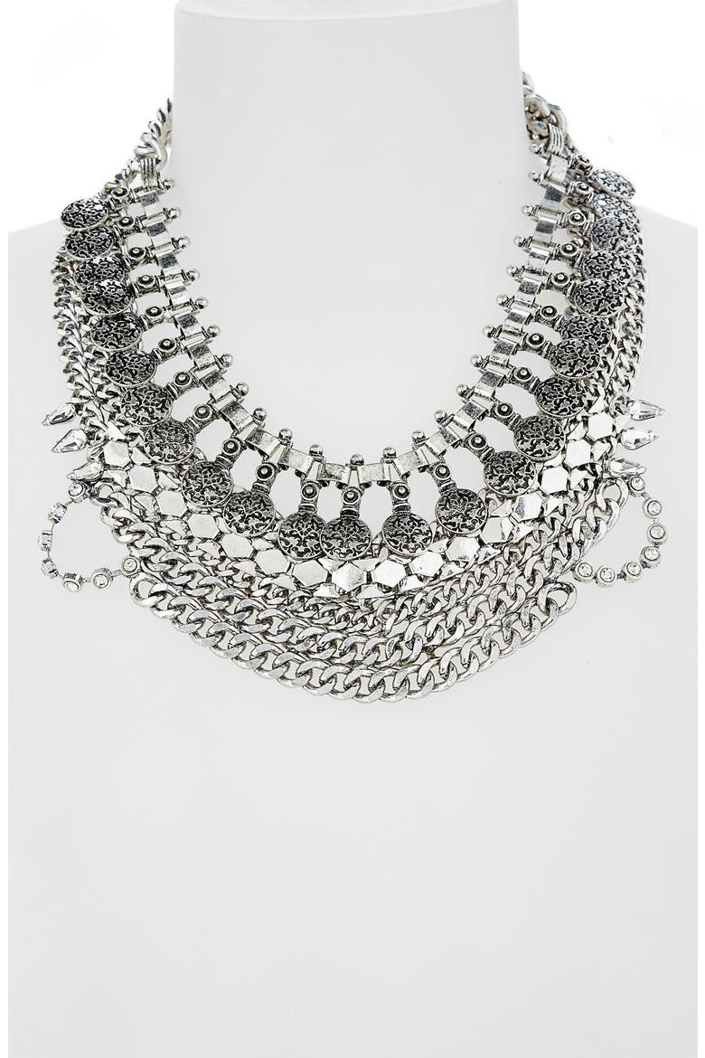 Coin & Crystal Statement Necklace, Main, color, SILVER