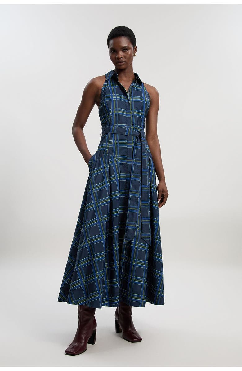Karen Millen Check Taffeta Belted Maxi Shirt Dress, Main, color, Navy