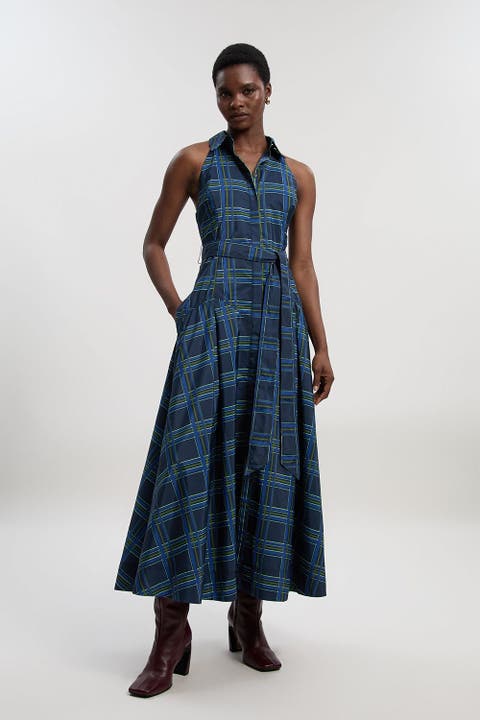 Check Taffeta Belted Maxi Shirt Dress