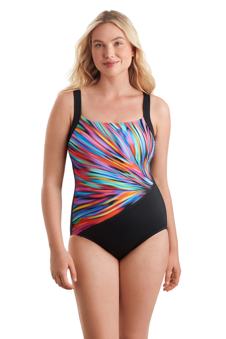 Squareneck Illusion Tank Chlorine Resistant One-Piece Swimsuit, Main, color, Multi Nightparty