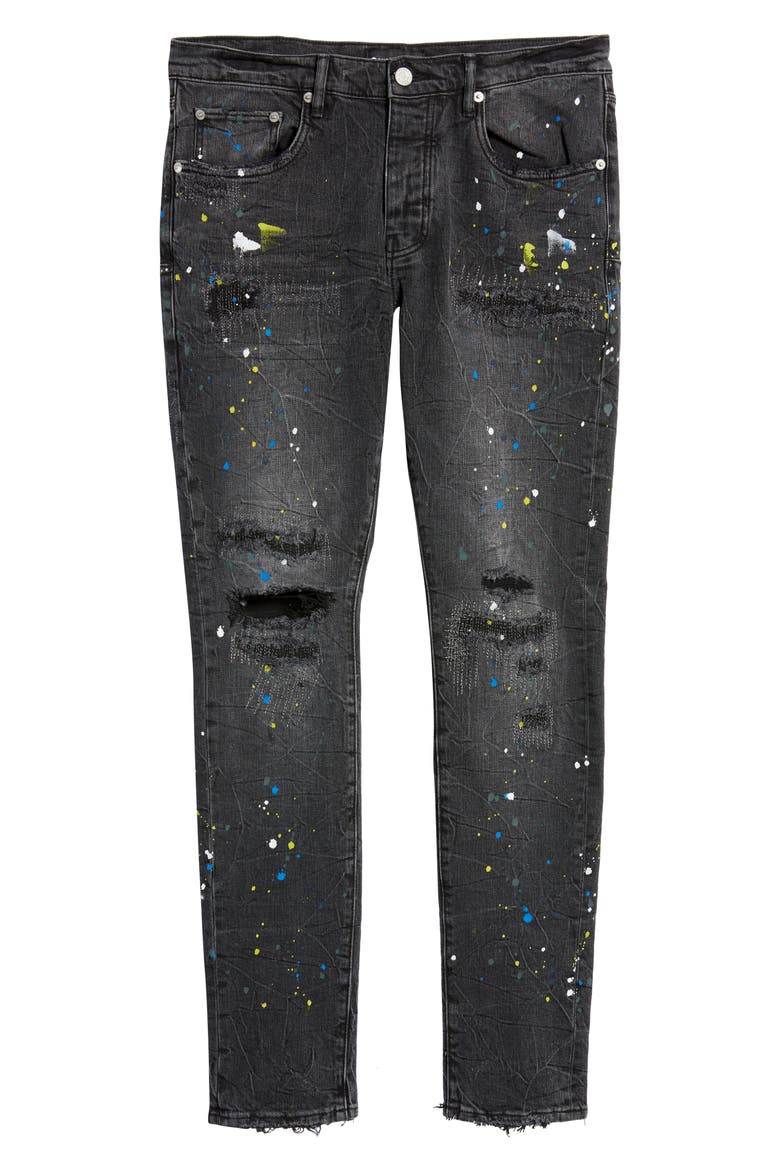 PURPLE Paint Splatter Ripped Knee Skinny Jeans, Alternate, color, BLACK REFLECTIVE REPAIR W/PAINT