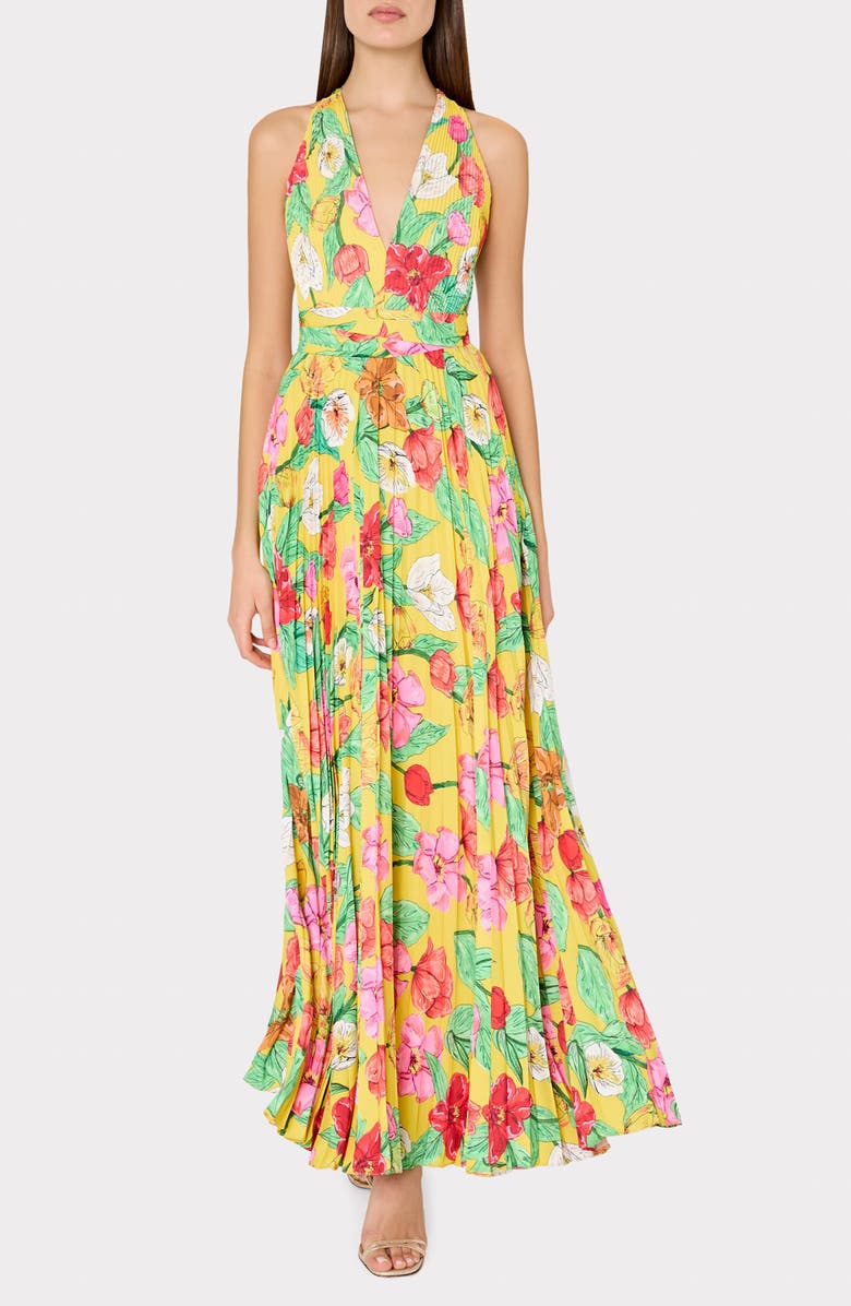 Milly Oria Tulip Rosette Pleated Maxi Dress, Alternate, color, Yellow Multi