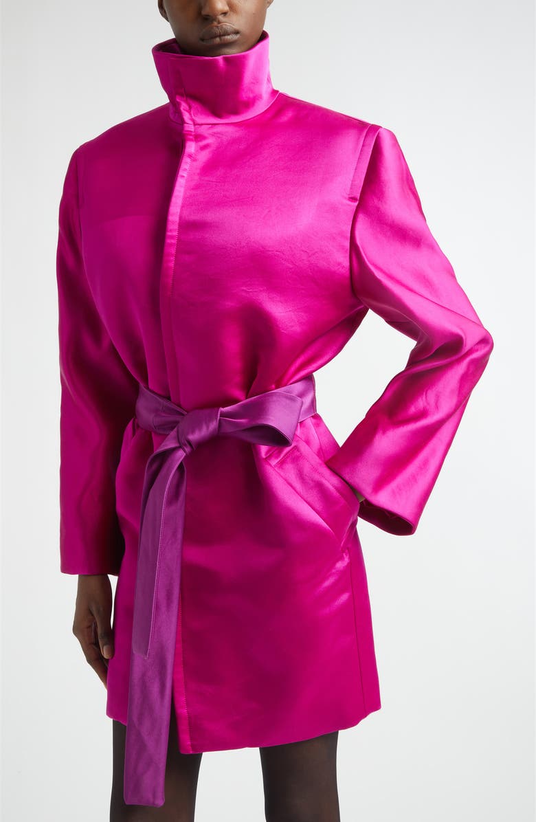 Saint Laurent Silk Satin Belted Coat, Alternate, color, Fuchsia