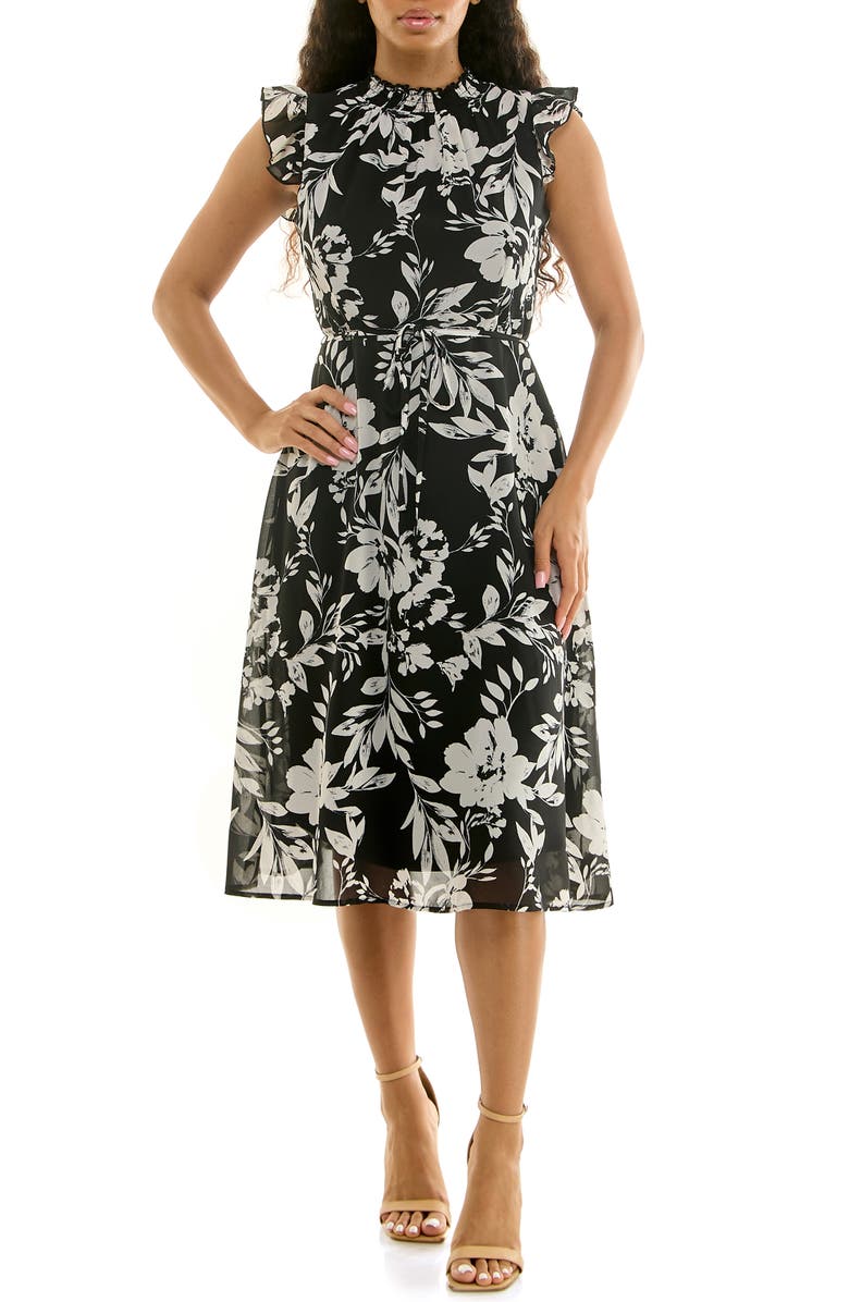 Nina Leonard Smock Chiffon Midi Dress, Main, color, Black/White Combo