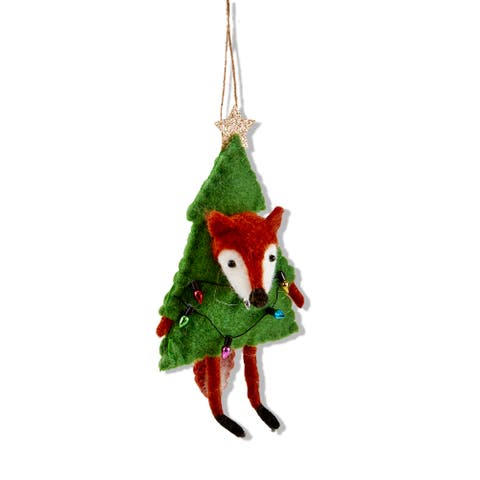 Multicolor Fox with Tree and Lights Wool Christmas Ornament