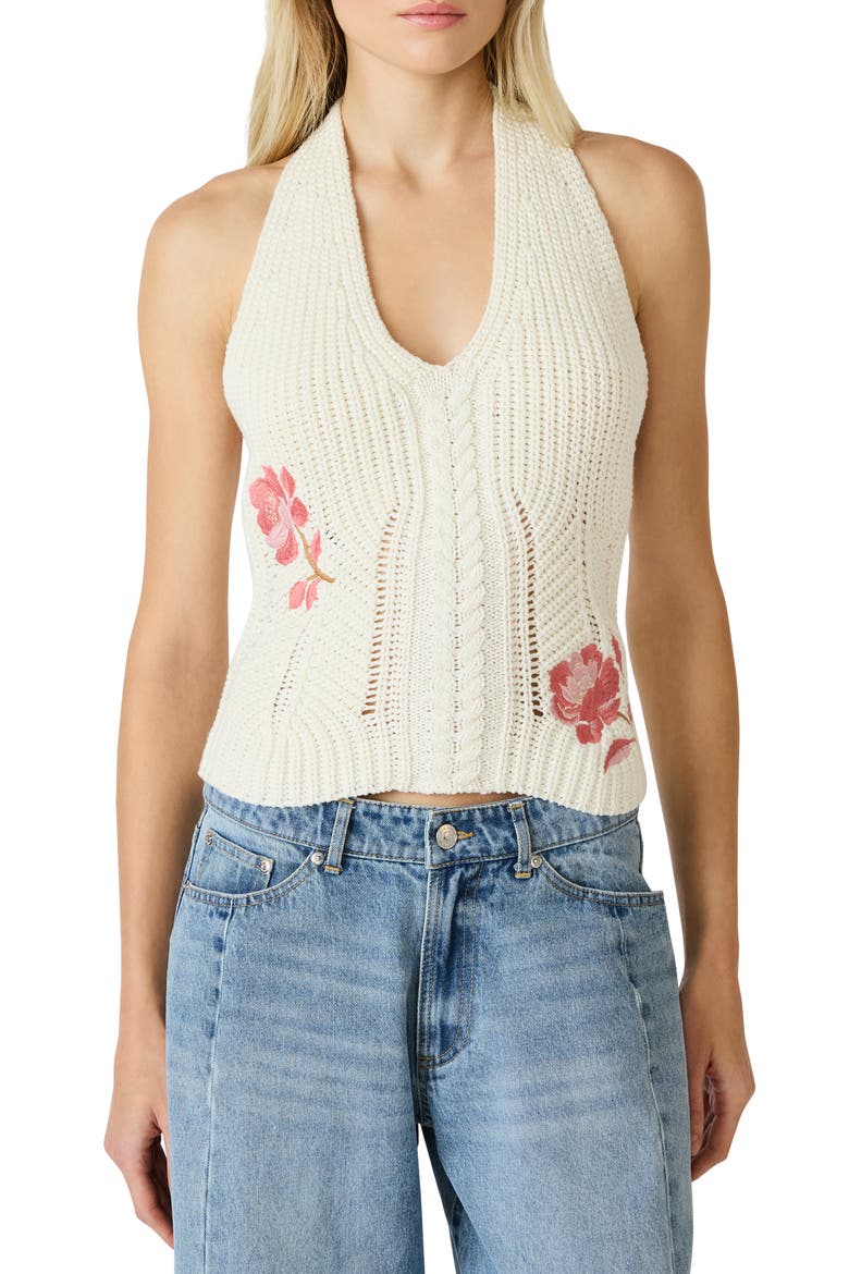 Opal Floral Embroidered Crochet Knit Halter Top, Main, color, NATURAL