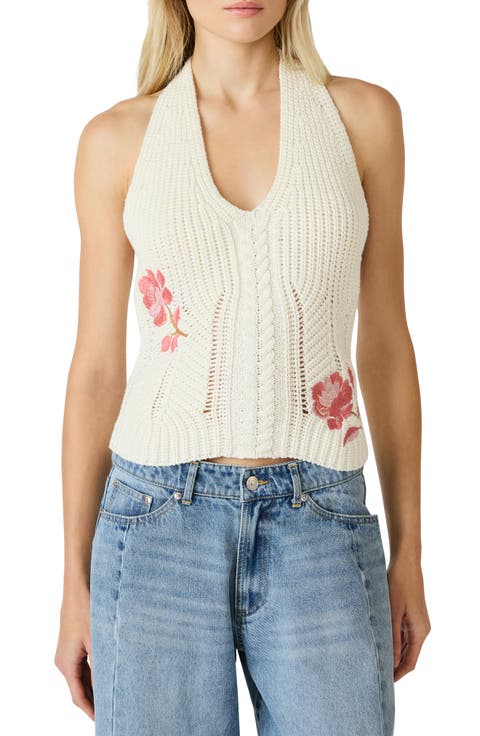 Opal Floral Embroidered Crochet Knit Halter Top