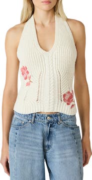 Steve Madden Opal Floral Embroidered Crochet Knit Halter Top